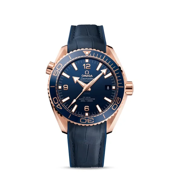 Shop Omega Watches for Timeless Elegance –Omega Seamaster 44mm Watch - Ref: 215.63.44.21.03.001 - Blue Index Dial in 18K Rose Gold Case, Blue Leather Strap