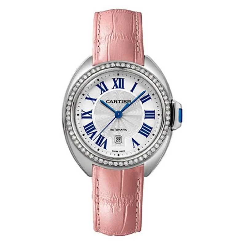 Find the Best Cartier Timepieces for Every Taste –Cartier Cle de Cartier 31mm Women's watch - Ref: W4CL0005 - Silver Roman Dial & Diamond Bezel in Stainless Steel Case, Pink Alligator Strap