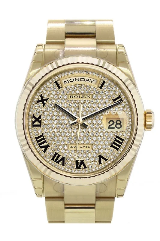 Find the Most Popular Rolex Models –Rolex Day-Date 36 Diamond-paved Dial Fluted Bezel Yellow Gold Watch 118238