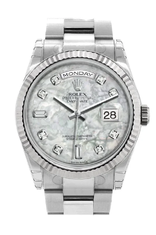 Explore Rolex Watches for Unrivaled Quality –Rolex Day-Date 36 White mother-of-pearl set with Diamonds Dial Fluted Bezel Oyster White Gold Watch 118239