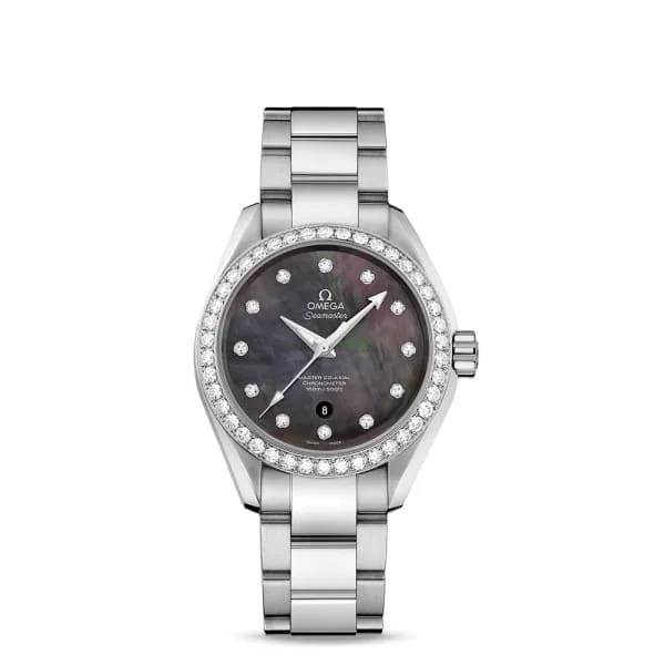 Find Omega Watches with Superior Craftsmanship –Omega Seamaster 34mm Watch - Ref: 231.15.34.20.57.001 - Tahiti Mother of Pearl Diamond Index Dial & Diamond Bezel, Stainless Steel Bracelet