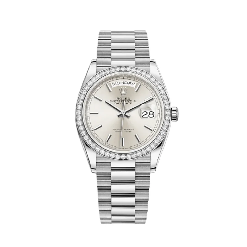 Find Your Signature Rolex Watch –Rolex Day-Date 128349RBR White Gold Diamond Bezel Silver Dial