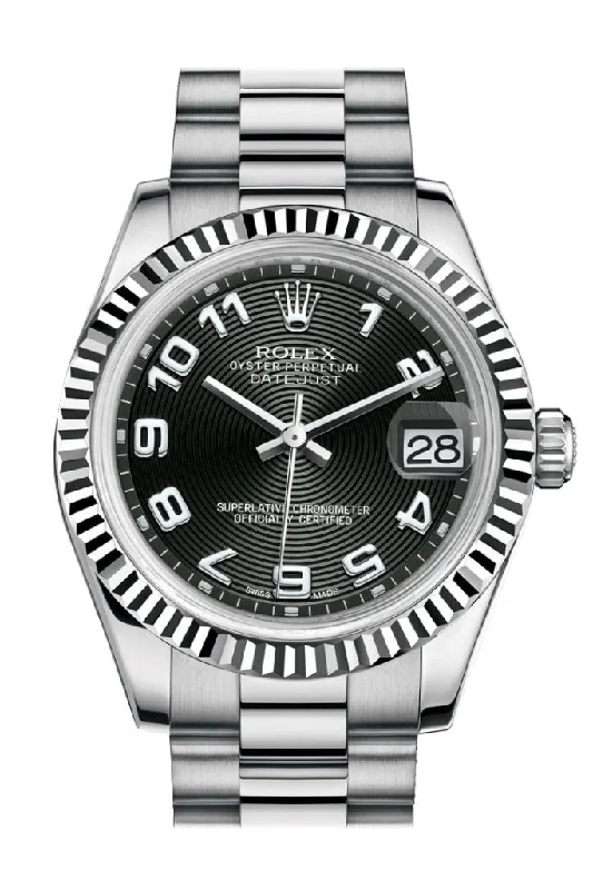 Premium Rolex Timepieces –Rolex Datejust 31 Black Concentric Circles Arabic Dial Fluted Bezel 18K White Gold President Ladies Watch 178279 Pre-owned