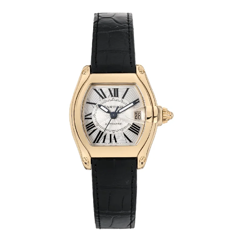 Shop for the Best Cartier Watches Today –Cartier Roadster 38mm Watch - Ref: W62005V2 - Silver Roman Dial in 18K Yellow Gold Case, Black Leather Strap