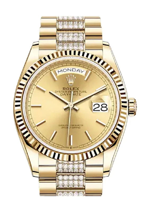 Classic Rolex Watches with Iconic Design –ROLEX Day-Date 36 Champagne Stick Dial 18K Yellow Gold Watch Diamond set president Bracelet 128238