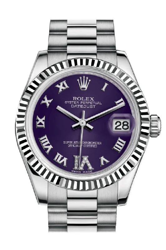 Rolex Watches: Iconic Design for Every Wrist –Rolex Datejust 31 Purple set with diamonds Dial Fluted Bezel 18K White Gold President Ladies Watch 178279 Pre-owned