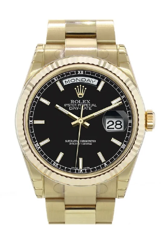 Shop Rolex Watches for Lasting Value –Rolex Day-Date 36 Black Dial Fluted Bezel Yellow Gold Watch 118238