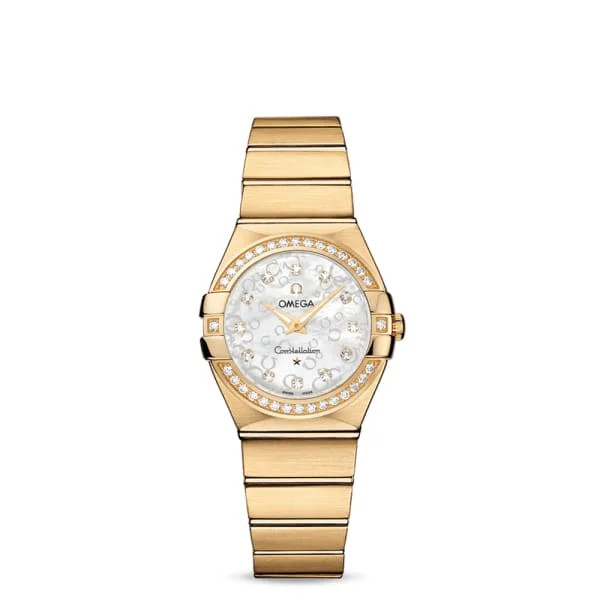 Shop Omega Watches for the Ultimate Timepiece –Omega Constellation 27mm Watch - Ref: 123.55.27.60.55.016 - White Mother of Pearl Diamond Index Dial & Diamond Bezel, 18K Yellow Gold Bracelet