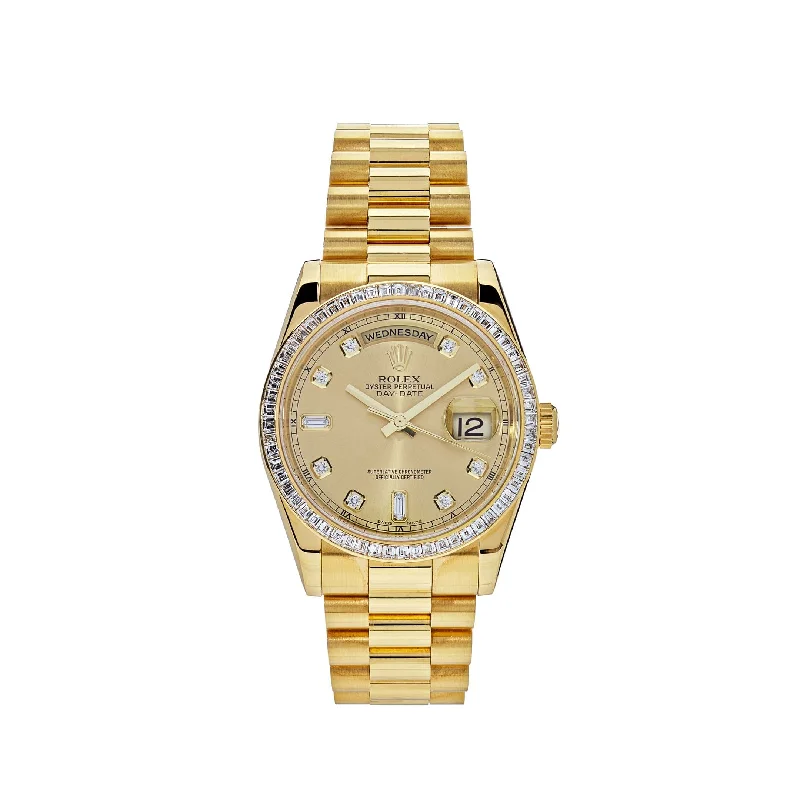 Rolex Watches: Legendary Quality and Precision –Rolex Day-Date 118398BR Yellow Gold Diamond Bezel Champagne Diamond Dial