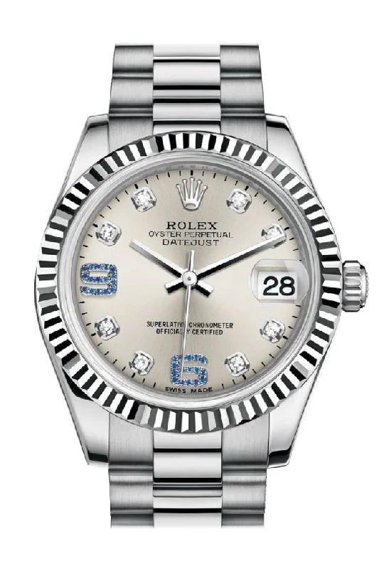 Explore Rolex Watches for Iconic Design –Rolex Datejust 31 Silver set with diamonds and sapphires Dial Fluted Bezel 18K White Gold President Ladies Watch 178279 Pre-owned