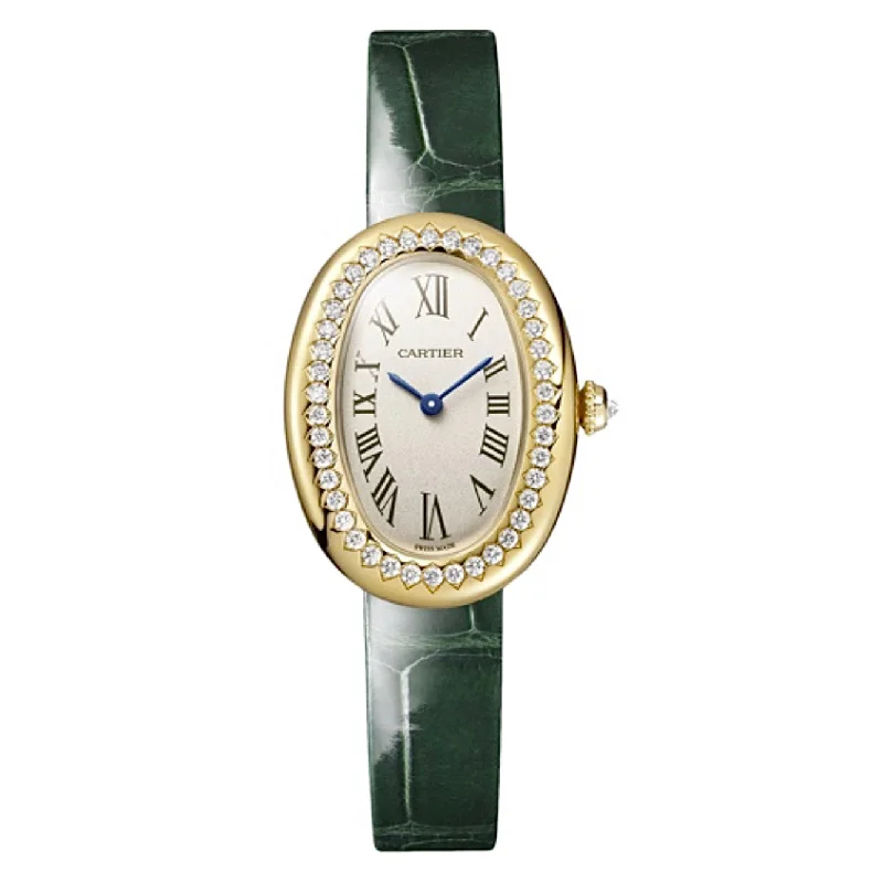 Find Exclusive Cartier Models Now –Cartier Baignoire 31.4mm Women's watch - Ref: WJBA0038 - Silver Roman Dial & Diamond Bezel in 18K Yellow Gold Case, Green Alligator Strap