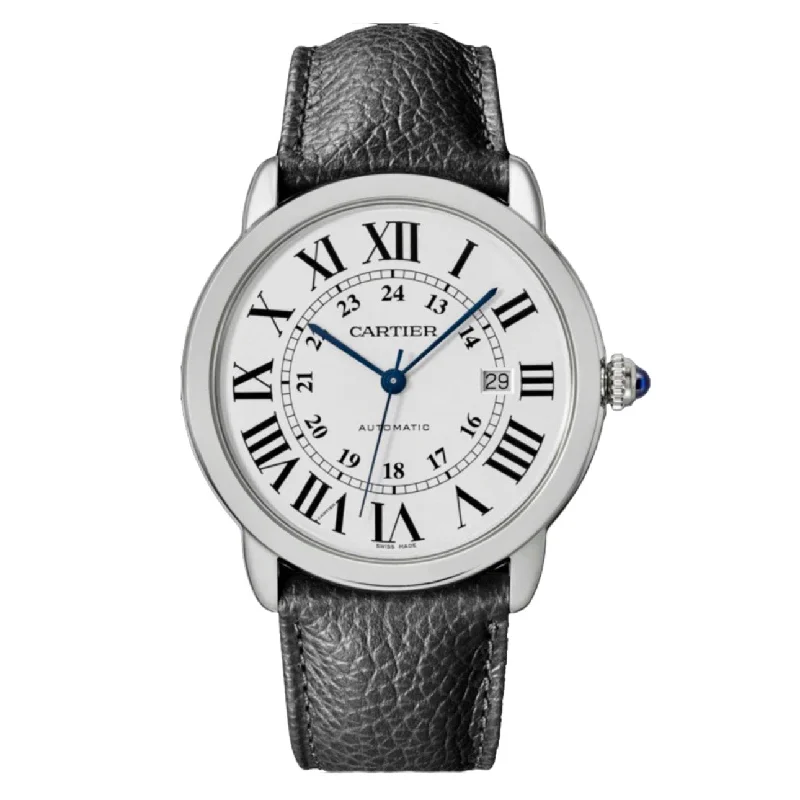 Explore the Collection of Cartier Watches –Cartier Ronde de Cartier 42mm Watch - Ref: WSRN0022 - Silver Roman & Arabic Dial, Black Calfskin Strap