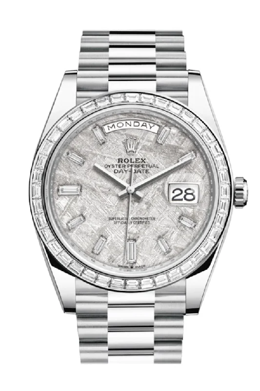 Find Rolex Watches That Will Last a Lifetime –Rolex Day-Date 40 Meteorite Baguette Diamond Dial 40 Baguette Diamond Bezel Platinum President Automatic Men's Watch 228396TBR 228396