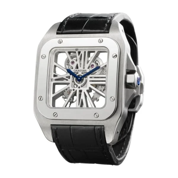 Find Cartier Watches with Elegant Design –Cartier Santos 100 54.9mm Watch - Ref: W2020018 - Skeleton Roman Dial in Palladium Case, Black Leather Strap