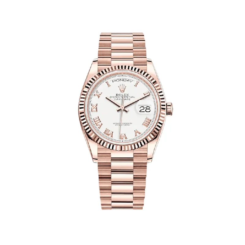 Explore Rolex Watches for Timeless Charm –Rolex Day-Date 128235 Rose Gold White Dial