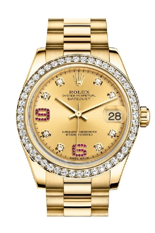 Shop Rolex Watches for Lasting Value –Rolex Datejust 31 Champagne Diamonds Rubies Dial Diamond Bezel 18K Yellow Gold President Ladies Watch 178288 Pre-owned