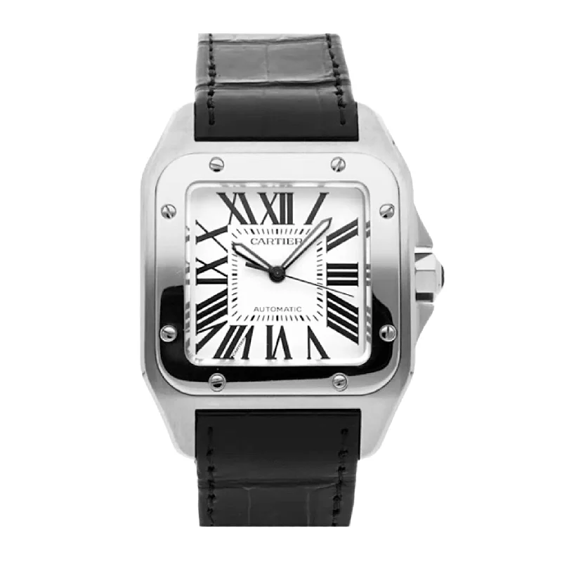 Cartier Watches: Designed for Elegance –Cartier Santos 100 51.1mm  Watch - Ref: W20073XB - Silver Roman Dial, Black Leather Strap