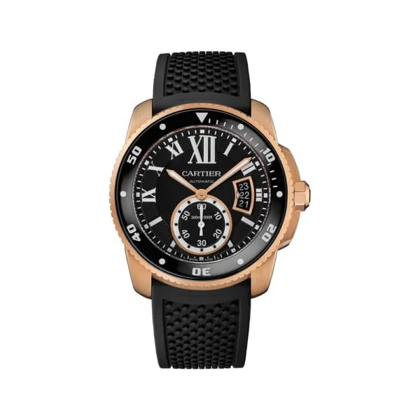 Shop Cartier Watches for Classic Luxury –Cartier Calibre de Cartier Diver 42mm Watch - Ref: W7100052 - Black Roman Dial in 18K Rose Gold Case, Black Rubber Strap