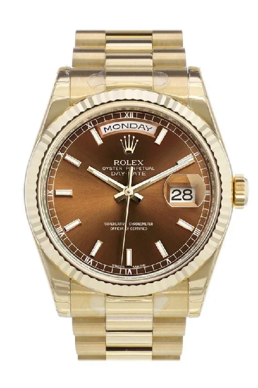 Discover the Best Rolex Models for Every Wrist –Rolex Day-Date 36 Cognac Dial Fluted Bezel President Yellow Gold Watch 118238