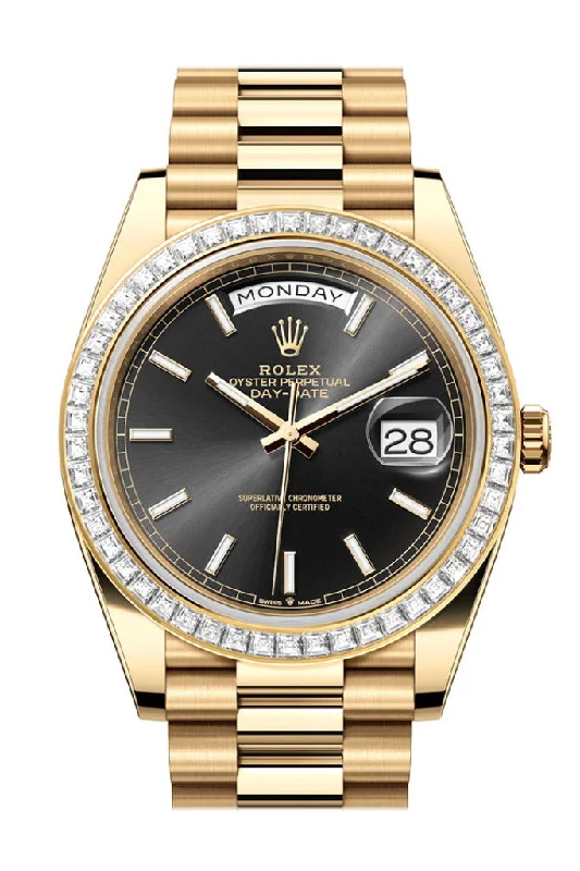 Premium Rolex Timepieces –Rolex Day-Date 40 Black Dial Baguette Diamond Bezel 18K Yellow Gold President Men's Watch 228398TBR