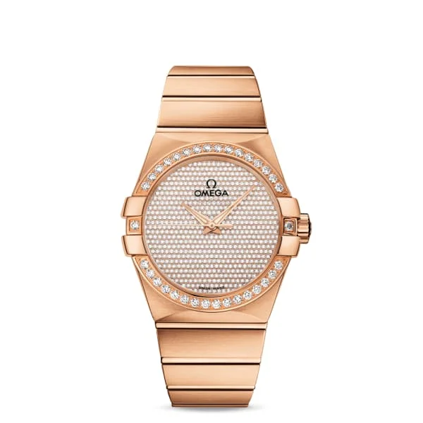 Omega Watches: Built for Precision and Performance –Omega Constellation 38mm Watch - Ref: 123.55.38.20.99.004 - 18K Rose Gold Pave Diamond Dial & Diamond Bezel, 18K Rose Gold Bracelet