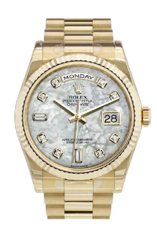 Explore Rolex Watches for Enduring Style –Rolex Day-Date 36 White mother-of-pearl Diamonds Dial Fluted Bezel President Yellow Gold Watch 118238