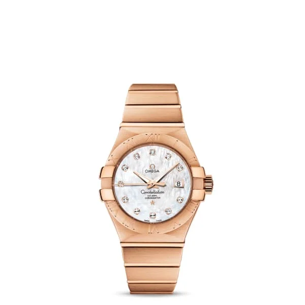 Shop Omega Watches for Iconic Swiss Designs –Omega Constellation 31mm Watch - Ref: 123.50.31.20.55.001 - White Mother of Pearl Diamond Index Dial, 18K Rose Gold Bracelet