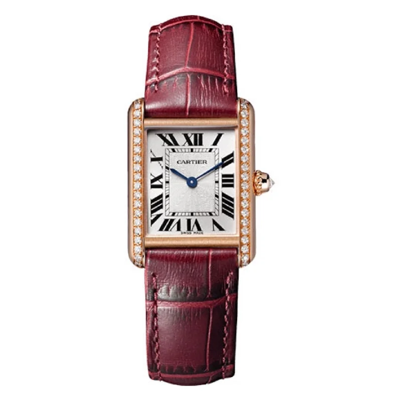 Discover Cartier Watches with Luxurious Craftsmanship –Cartier Tank Louis 29.5mm Women's watch - Ref: WJTA0037 - Silver Roman Dial & Diamond Bezel in 18K Rose Gold Case, Claret Alligator Strap