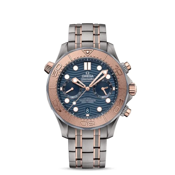 Shop Omega Watches for Iconic Models –Omega Seamaster 44mm Watch - Ref: 210.60.44.51.03.001 - Blue Chronograph Index Dial, Two Tone Titanium & 18K Rose Gold Bracelet