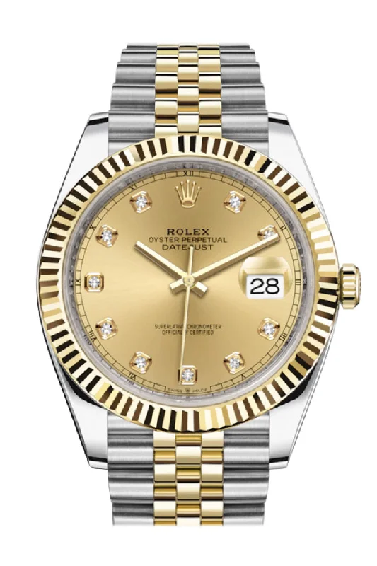 Explore Rolex’s Masterpieces of Timekeeping –Rolex Datejust 41 Champagne Diamond Dial Fluted Bezel 18k Yellow Gold Jubilee Mens Watch 126333