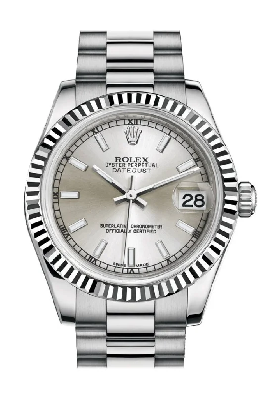 Explore the Best Rolex Models –Rolex Datejust 31 Silver Dial Fluted Bezel 18K White Gold President Ladies Watch 178279 Pre-owned