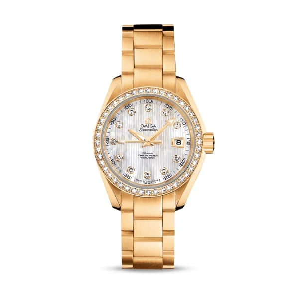 Shop Omega Watches for Classic Appeal –Omega Seamaster 30mm Watch - Ref: 231.55.30.20.55.002 - White Mother of Pearl Diamond Index Dial & Diamond Bezel, 18K Yellow Gold Bracelet