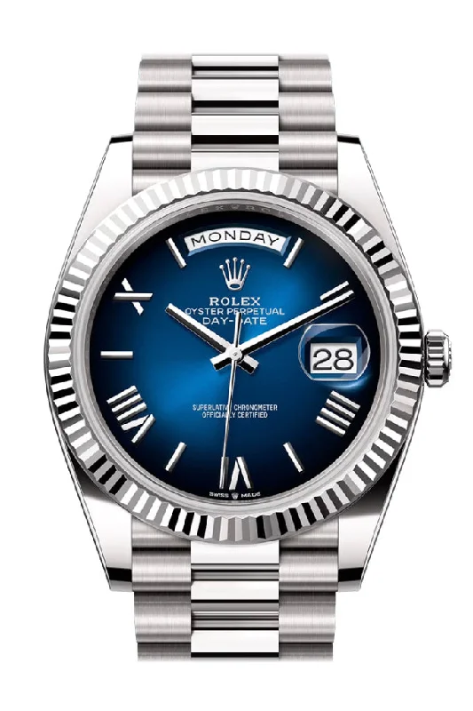 Discover the Latest Rolex Models Now –Rolex Day Date 40 Blue Ombre Dial Fluted Bezel White Gold President Bracelet 228239