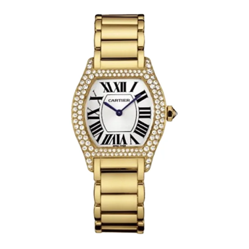 Explore the Best Cartier Watches for Investment –Cartier Cartier Tortue 28.5mm Women's watch - Ref: WA5048W8 - Silver Roman Dial & Pave Diamond Bezel, 18K Yellow Gold Bracelet