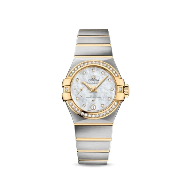 Omega Watches: Built to Last a Lifetime –Omega Constellation 27mm Watch - Ref: 127.25.27.20.55.002 - White Mother of Pearl Diamond Index Dial & Diamond Bezel, Two Tone Stainless Steel & 18K Yellow Gold Bracelet