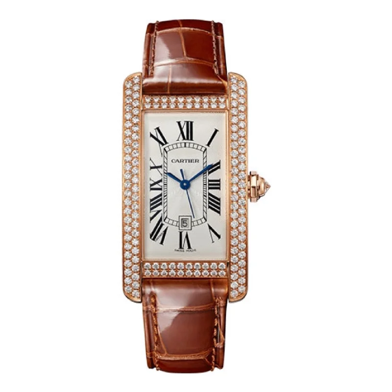 Find Cartier Watches for Your Luxury Collection –Cartier Tank Americaine 41.6mm Watch - Ref: WJTA0030 - Silver Roman Dial & Diamond Bezel in 18K Rose Gold Case, Brown Alligator Strap