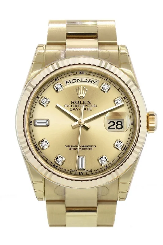 Rolex Watches: Precision and Luxury Combined –Rolex Day-Date 36 Champagne diamonds Dial Fluted Bezel Yellow Gold Watch 118238