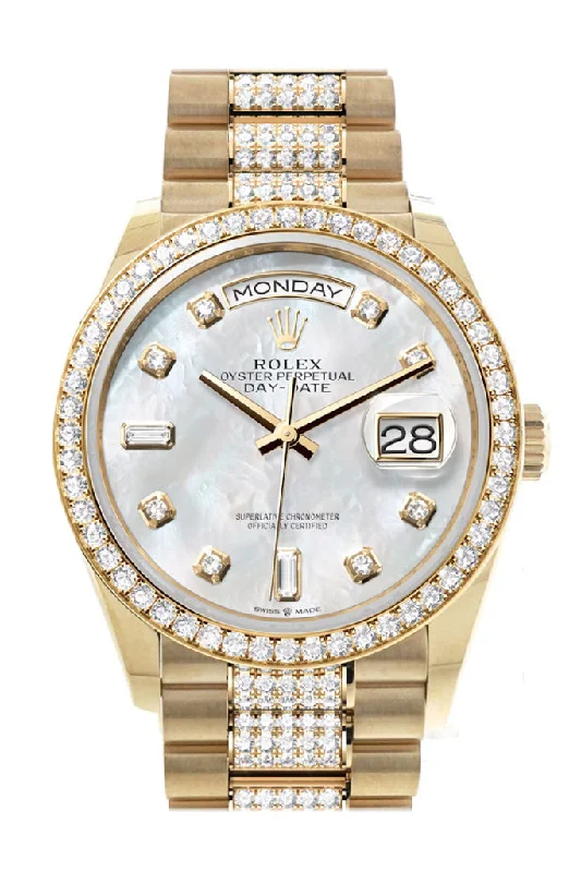 Explore the Best Rolex Models –Rolex Day-Date 36 Mother-of-Pearl Diamond Dial Gold Diamond Bezel Watch 128348RBR-0019 128348RBR