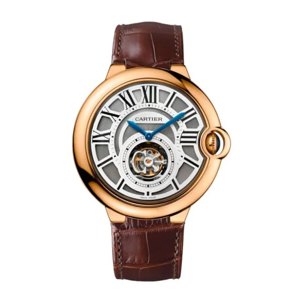 Shop Cartier Watches for Precision and Luxury –Cartier Ballon Bleu de Cartier 46mm Watch - Ref: W6920001 - Slate Guilloche Roman Dial in 18K Rose Gold Case, Brown Alligator Strap