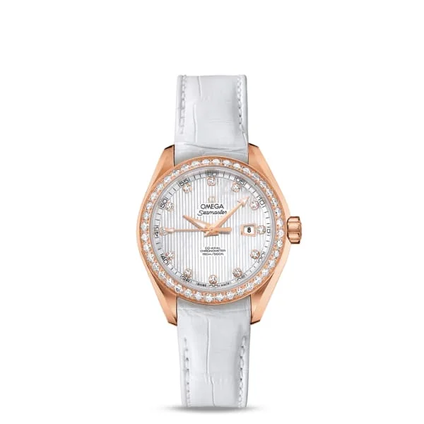 Omega Watches: A Legacy of Luxury –Omega Seamaster 34mm Watch - Ref: 231.58.34.20.55.002 - White Mother of Pearl Diamond Index Dial & Diamond Bezel in 18K Rose Gold Case, White Leather Strap