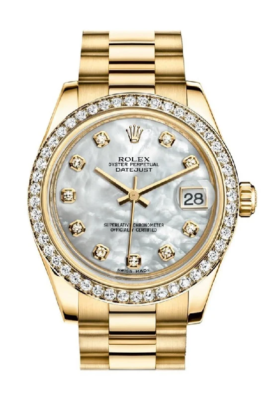 Rolex Watches: Designed for Luxury and Performance –Rolex Datejust 31 White Mother of Pearl Dia Dial Diamond Bezel 18K Yellow Gold President Ladies Watch 178288 Pre-owned