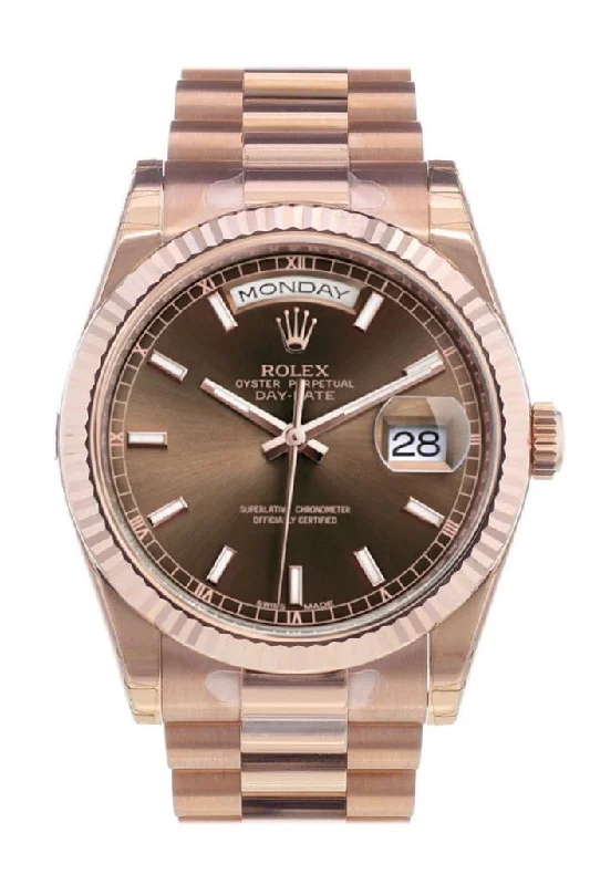 Discover the Latest Rolex Models Now –Rolex Day-Date 36 Chocolate Dial Fluted Bezel President Everose Gold Watch 118235