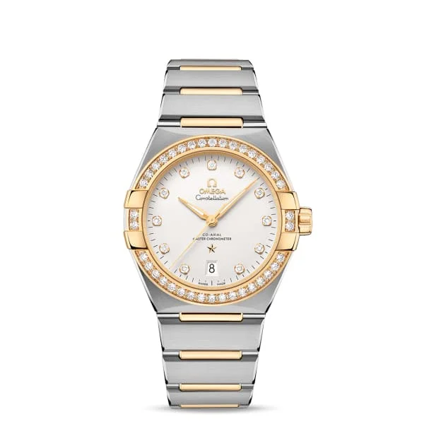 Shop Omega Watches for the Modern Luxury Collector –Omega Constellation 39mm Watch - Ref: 131.25.39.20.52.002 - Silver Diamond Index Dial & Diamond Bezel, Two Tone Stainless Steel & 18K Yellow Gold Bracelet