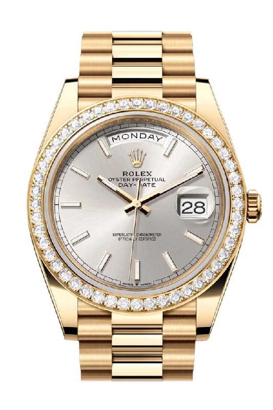 Shop Rolex Watches for Rare and Exclusive Timepieces –Rolex Day-Date 40 Silver Dial Diamond Bezel Yellow Gold President Men's Watch 228348RBR 228348