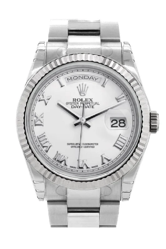 Discover the World of Rolex Watches –Rolex Day-Date 36 White Roman Dial Fluted Bezel Oyster White Gold Watch 118239