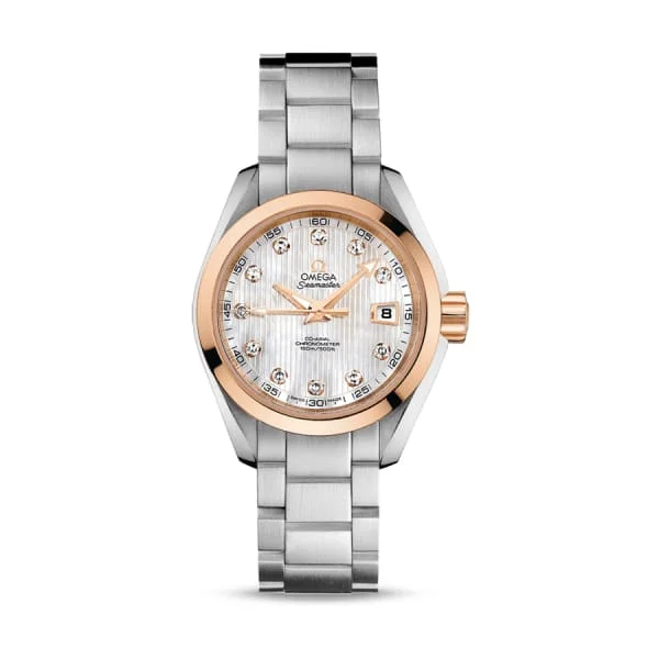 Omega Watches: Timeless Design and Craftsmanship –Omega Seamaster 30mm Watch - Ref: 231.20.30.20.55.003 - White Mother of Pearl Diamond Index Dial & 18K Rose Gold Bezel, Stainless Steel Bracelet