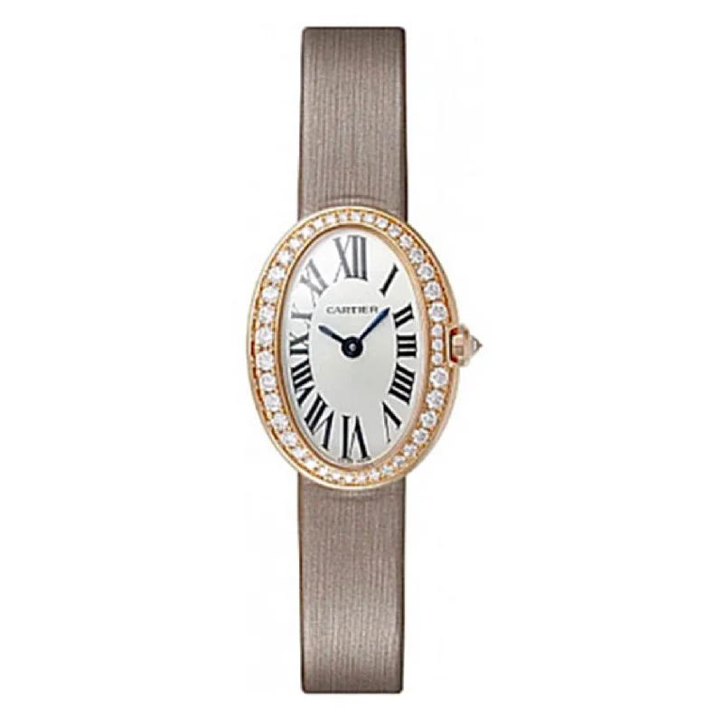 Find Cartier Watches for Sophisticated Tastes –Cartier Baignoire 25.3mm Women's watch - Ref: WB520028 - Silver Roman Dial & Diamond Bezel in 18K Rose Gold Case, Brown Fabric Strap