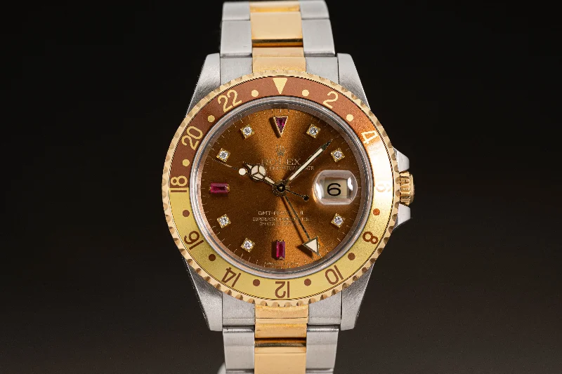 Timeless Rolex Timepieces Available Today –1997 Rolex 16713 GMT Master II Custom Brown Dial Diamond & Ruby Serti Markers with Box, Papers & Booklets