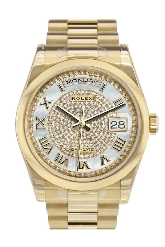 Find the Perfect Rolex Watch for You –Rolex Day-Date 36 White mother of pearl Diamonds paved Dial President Yellow Gold Watch 118208