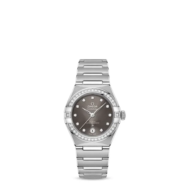 Shop Omega Watches for Ultimate Craftsmanship –Omega Constellation 29mm Watch - Ref: 131.15.29.20.56.001 - Grey Diamond Index Dial & Diamond Bezel, Stainless Steel Bracelet